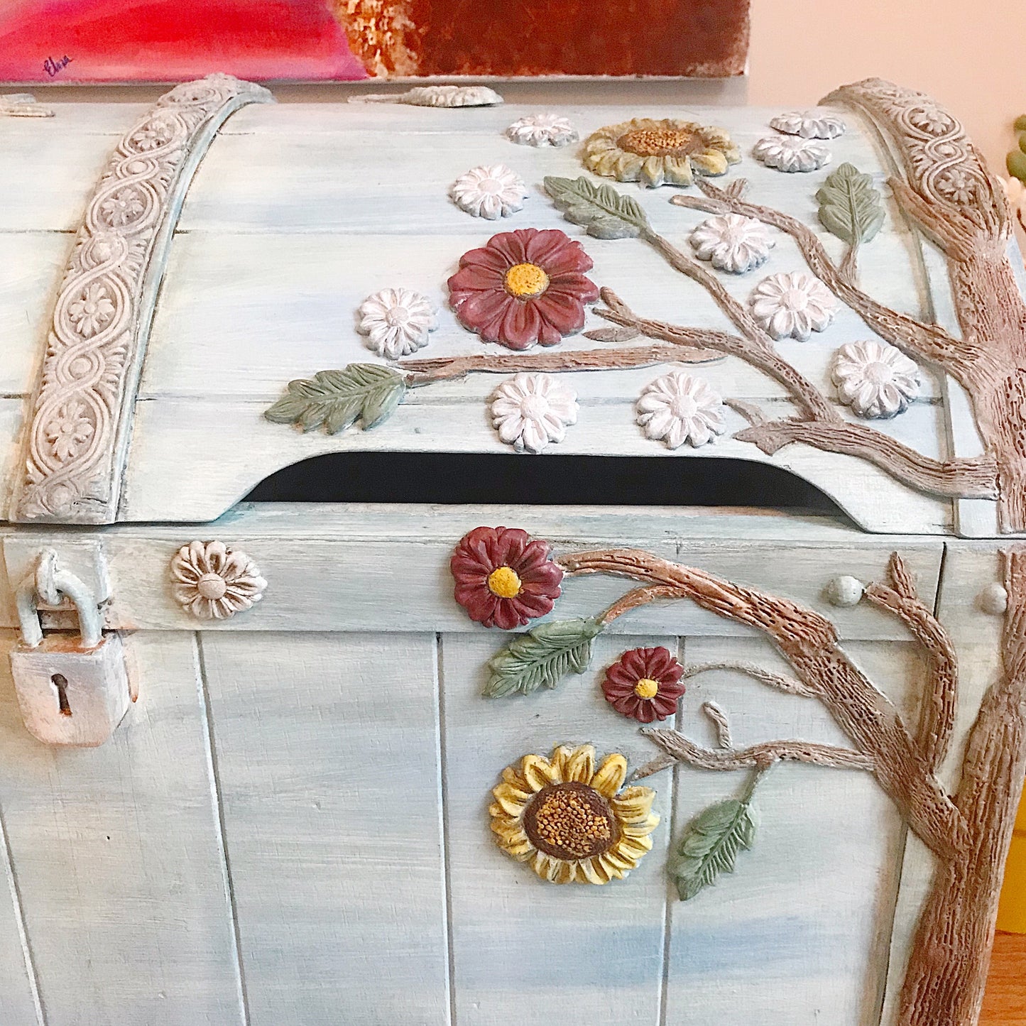 Tree of Life Watercolor Chest - Hand painted - blue - floral - unique furniture art