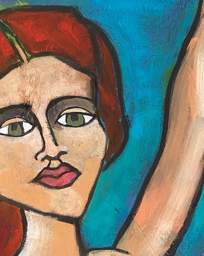 red hair lady with blue painting flower mandala flower