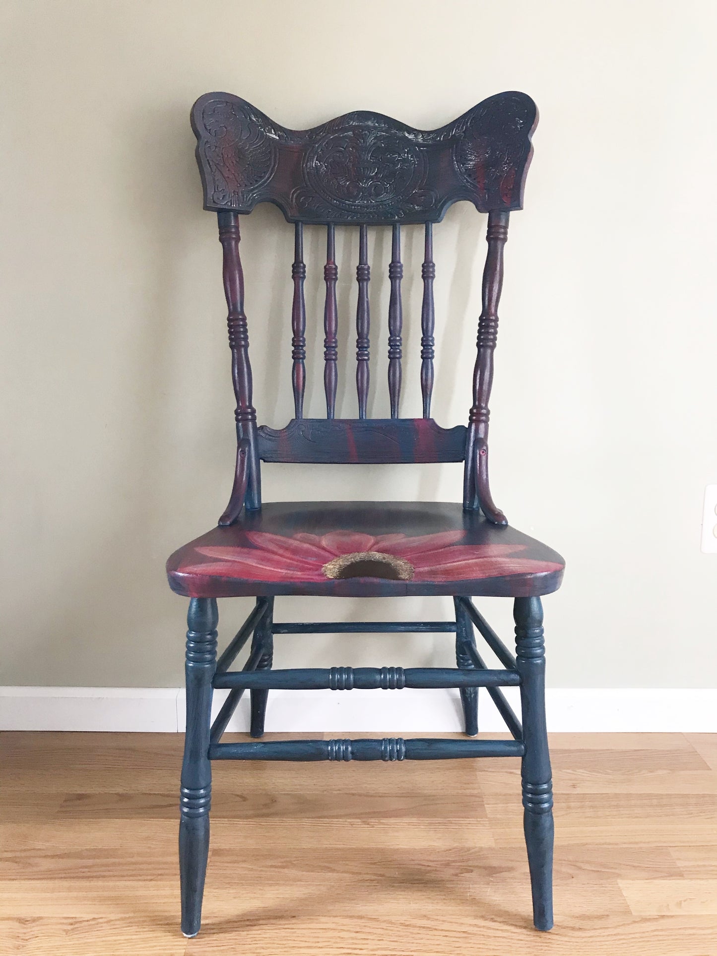 Rustic Farmhouse Daisy Accent Chair - hand painted - floral - bohemian - furniture art - pink - blue
