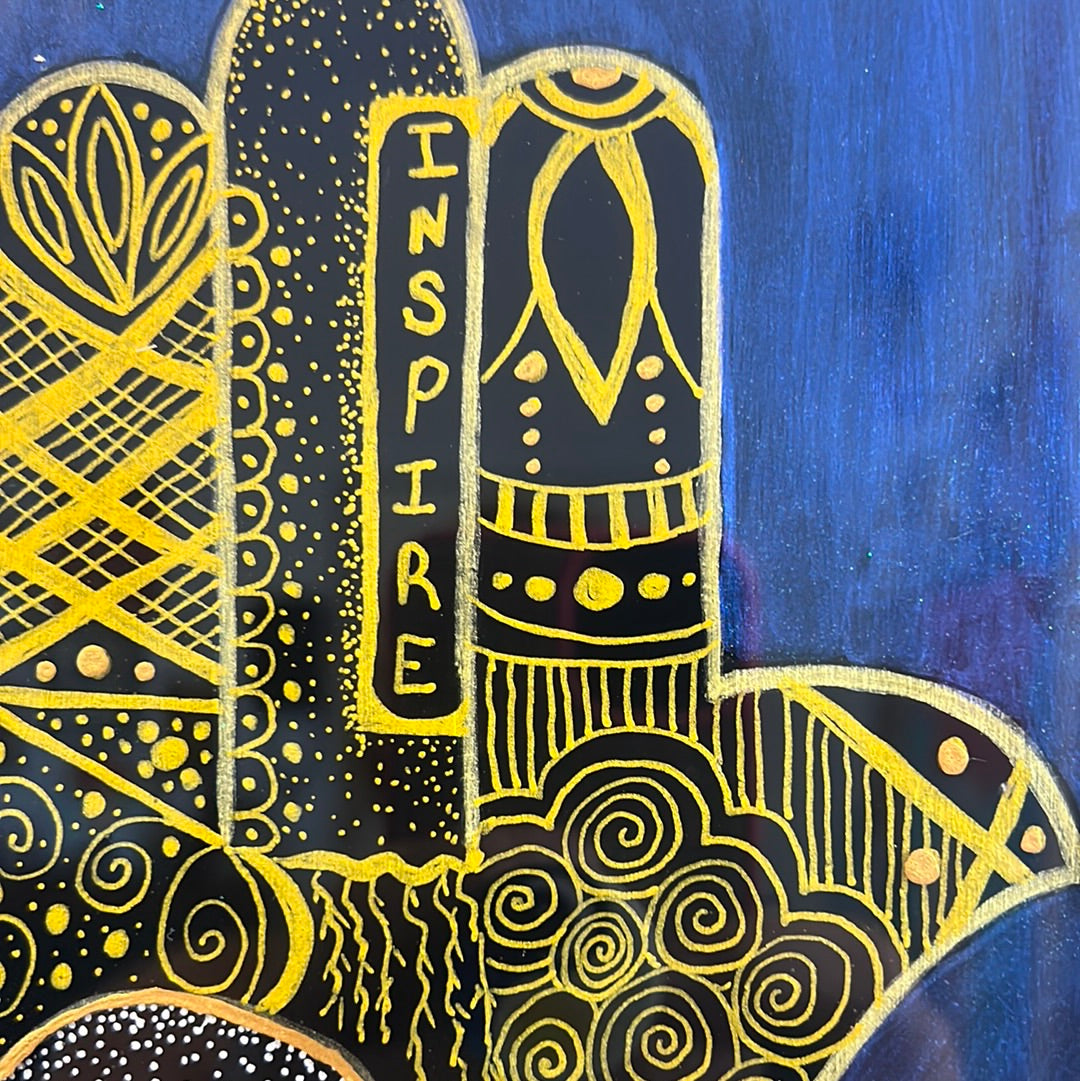 Hamsa Mix Media Art - Blue and Gold