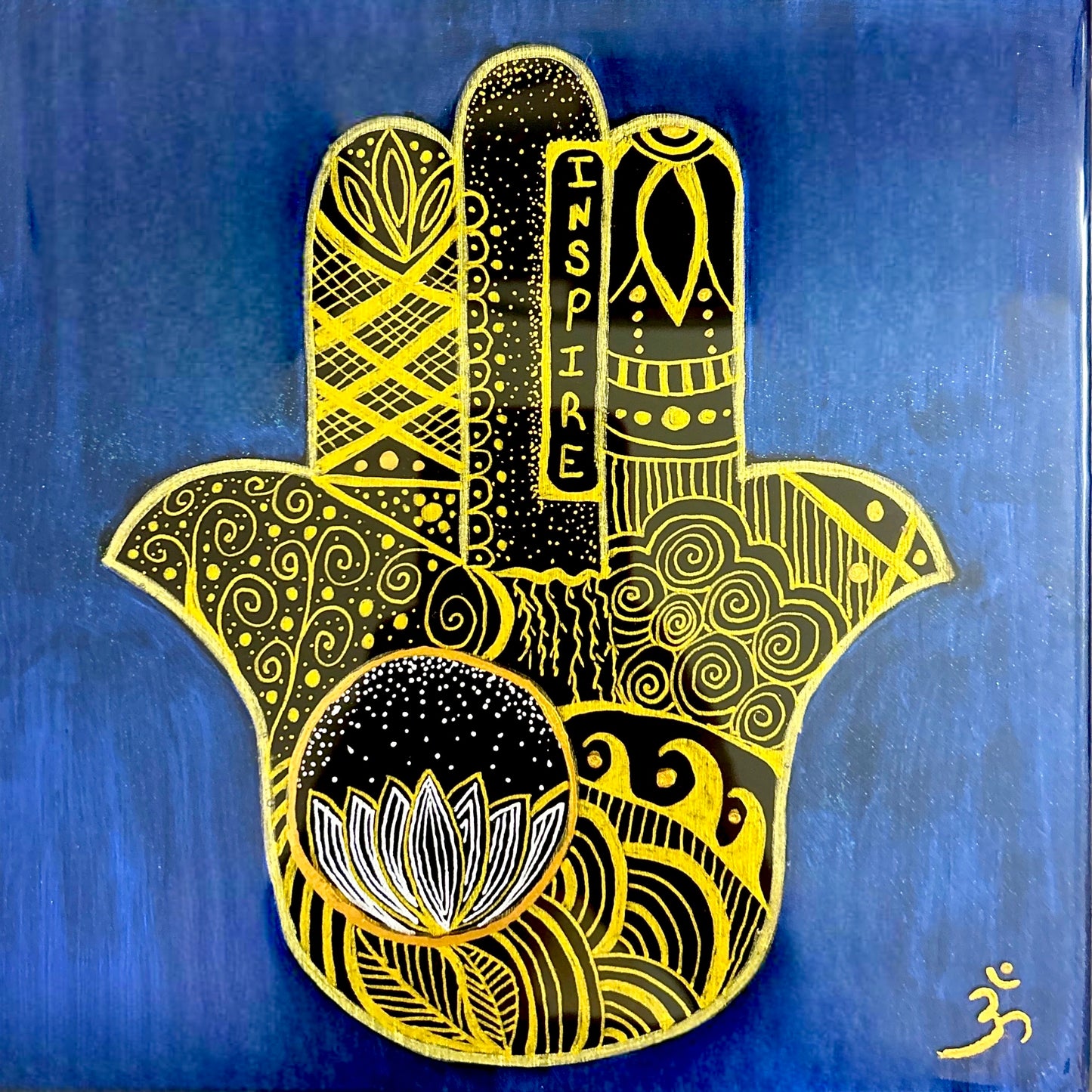 Hamsa Mix Media Art - Blue and Gold