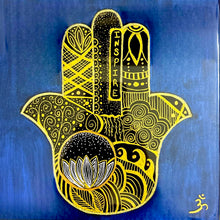 Load image into Gallery viewer, Hamsa Mix Media Art - Blue and Gold