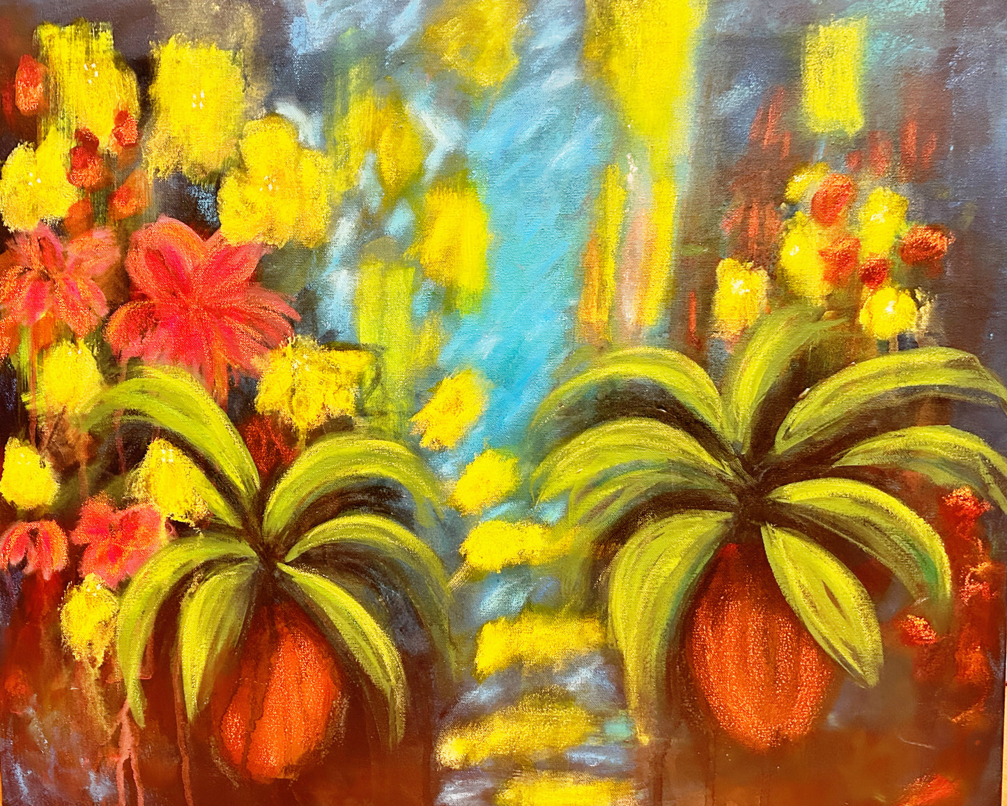 Radiant Garden 20x24 tropical floral painting with lush greenery and vibrant blooms. Original acrylic art perfect for nature inspired decor.
