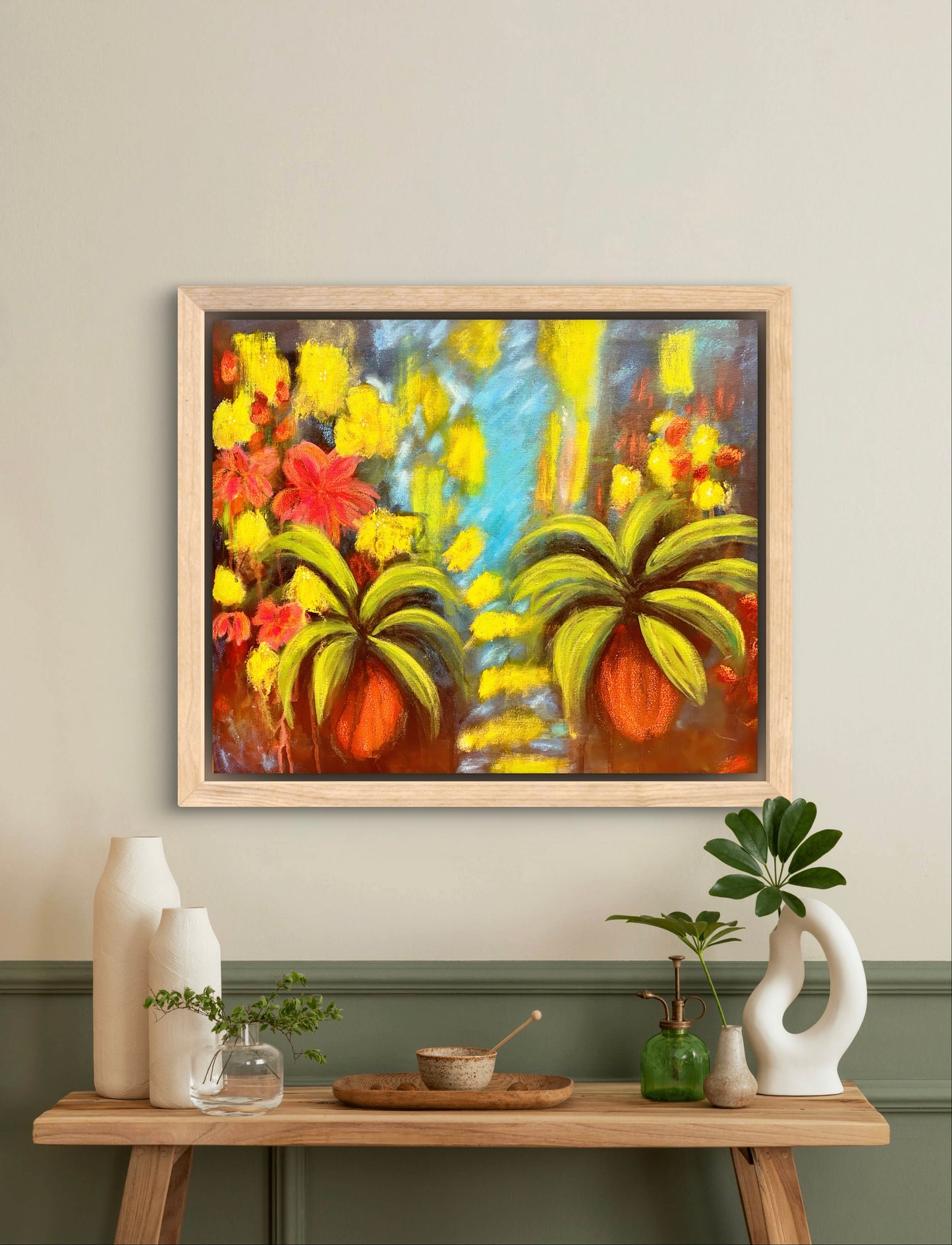Radiant Garden 20x24 tropical floral painting with lush greenery and vibrant blooms. Original acrylic art perfect for nature inspired decor.