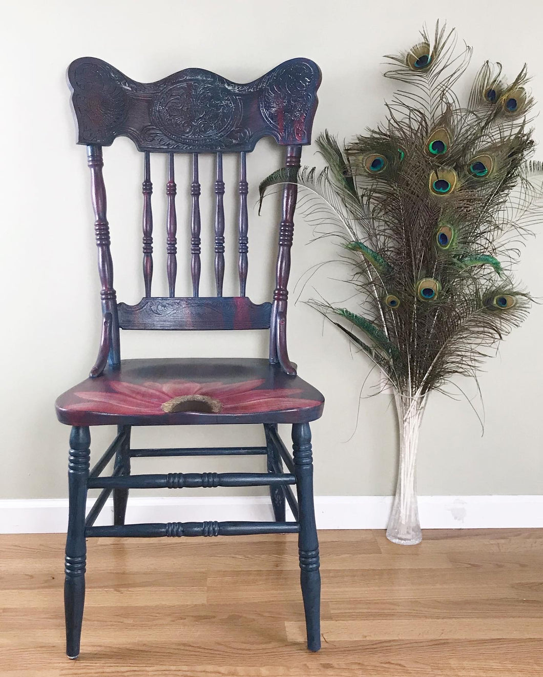 Rustic Farmhouse Daisy Accent Chair - hand painted - floral - bohemian - furniture art - pink - blue