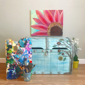 Tree of Life Watercolor Chest - Hand painted - blue - floral - unique furniture art