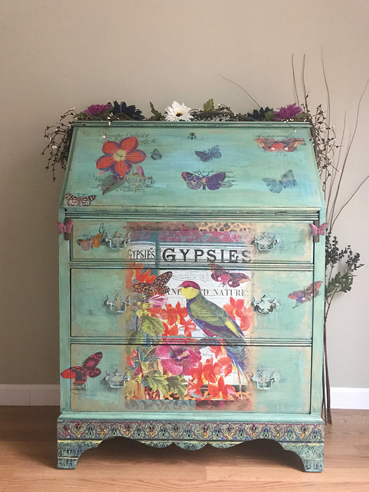 Gypsy Butterfly Antique Secretary Desk - Blue- Green - Boho chic - furniture - hand painted - original - one of a kind