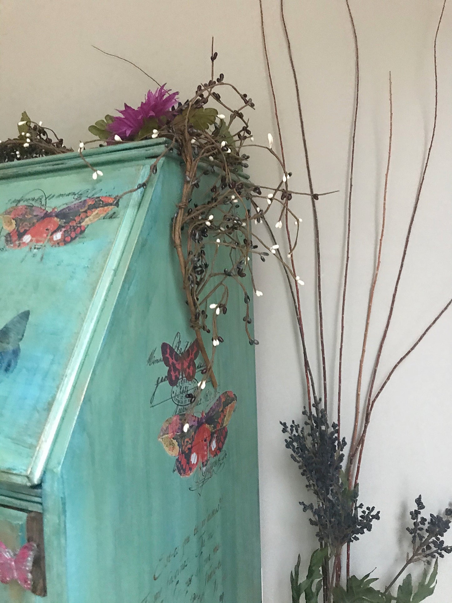 Gypsy Butterfly Antique Secretary Desk - Blue- Green - Boho chic - furniture - hand painted - original - one of a kind