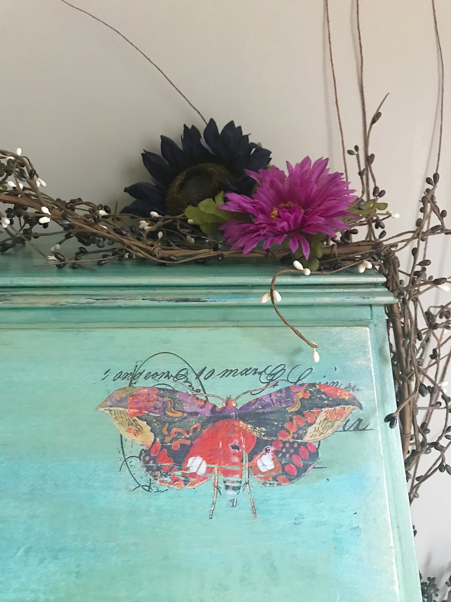 Gypsy Butterfly Antique Secretary Desk - Blue- Green - Boho chic - furniture - hand painted - original - one of a kind