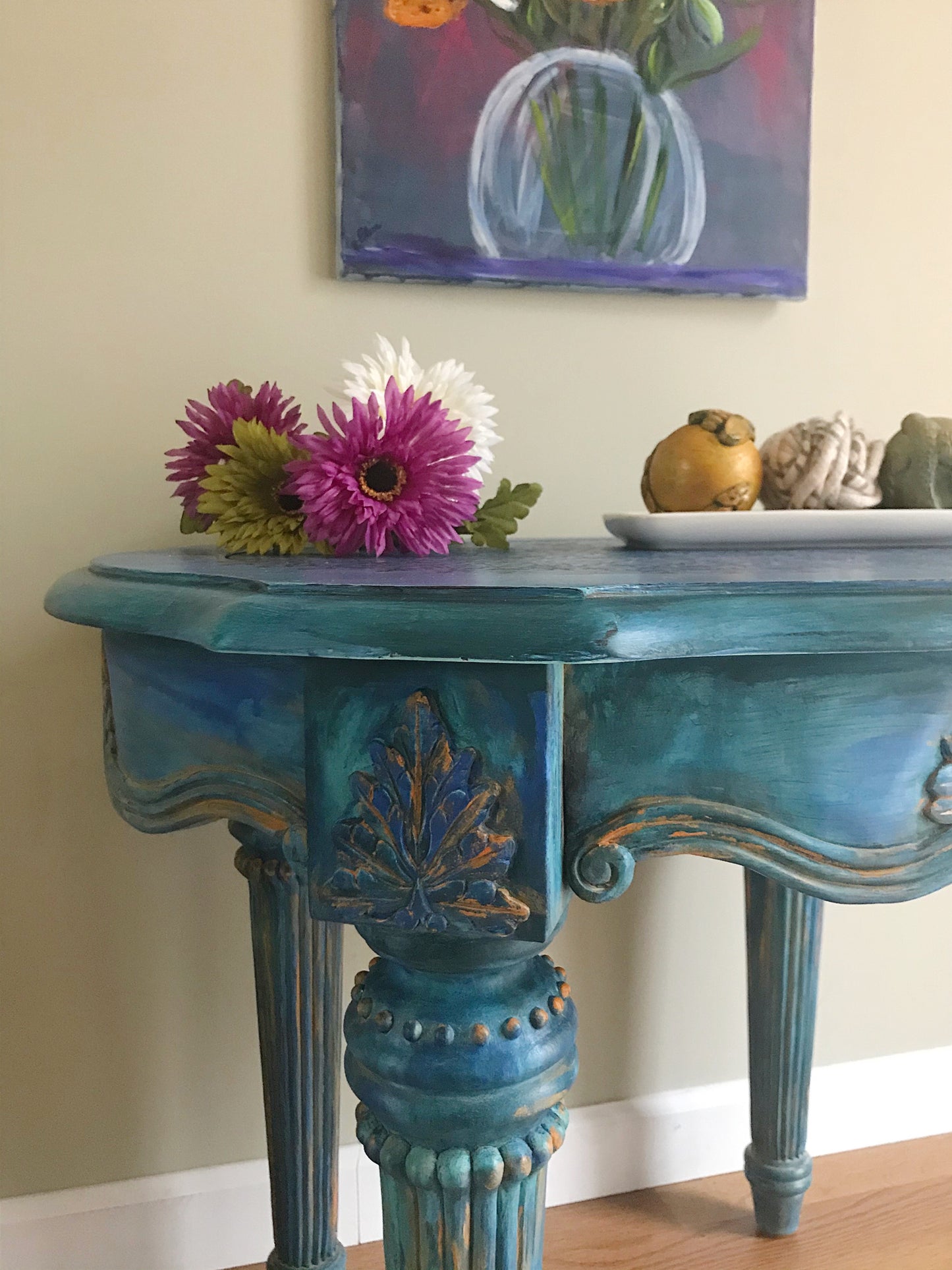 Hand Painted Blue Rustic Side/End Table -Bohemian - Whimsical - Blue