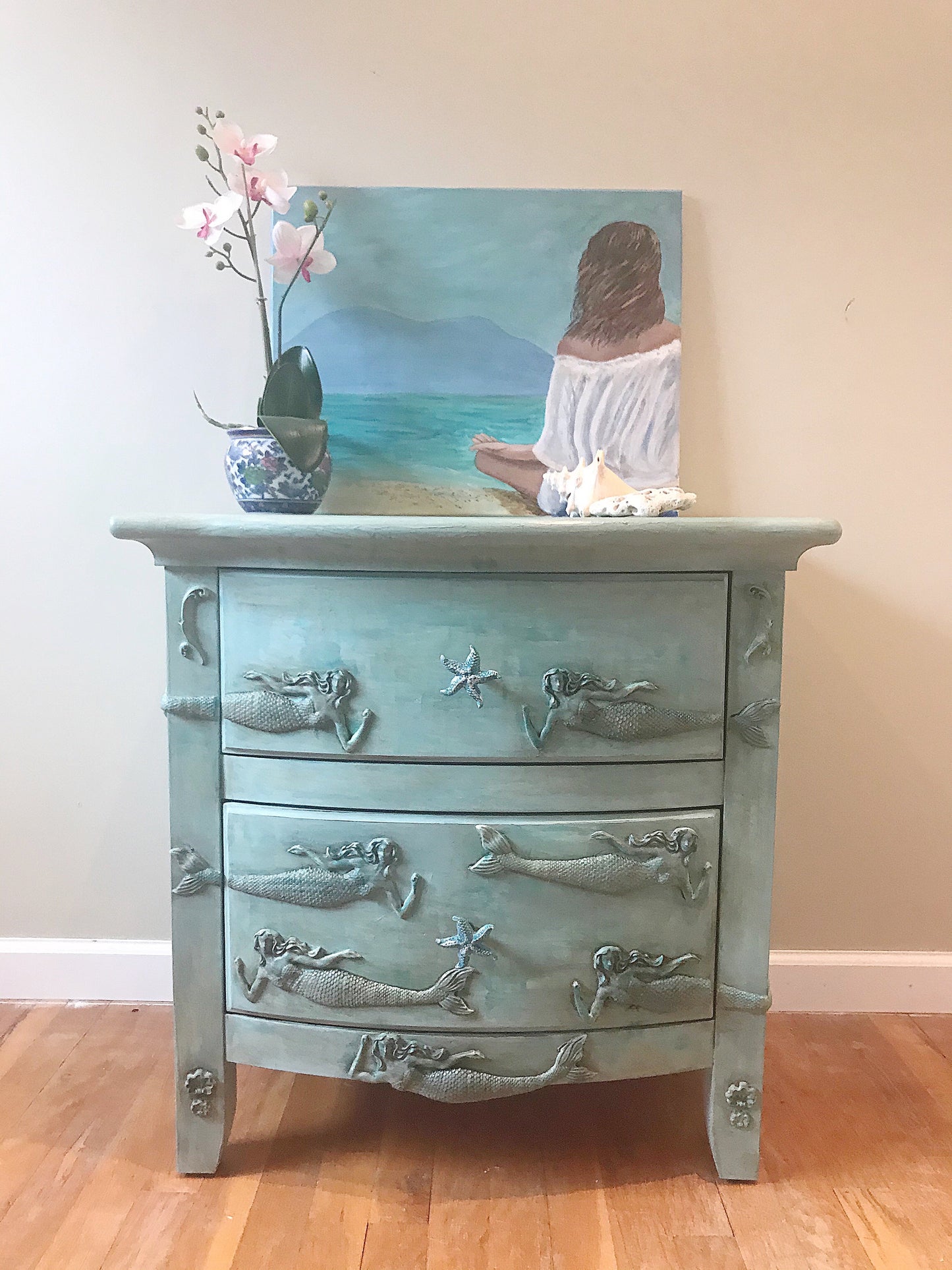 Whimsical Mermaid Side Table - Blue - Boho chic - furniture - hand painted - seaside - art