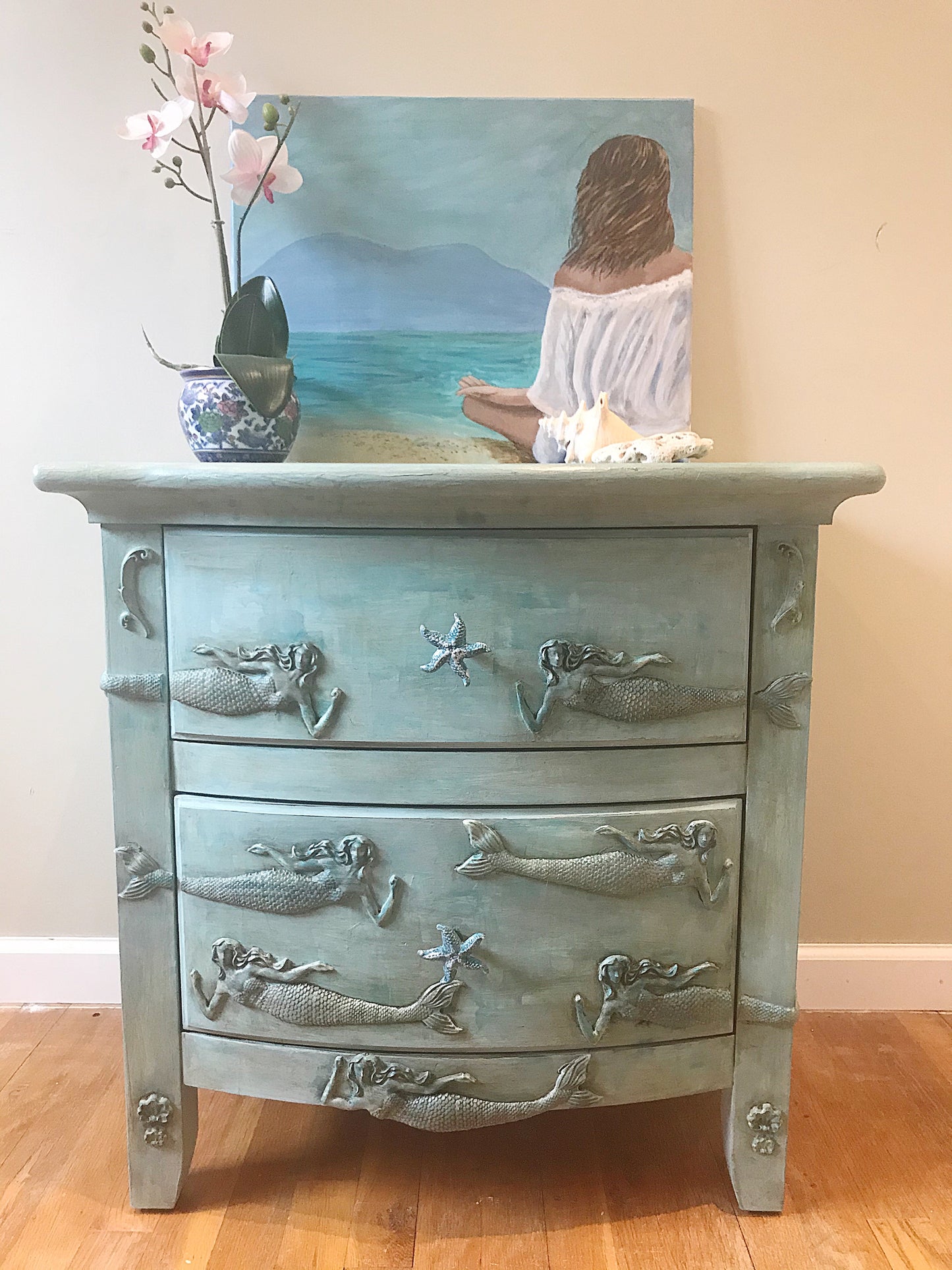 Whimsical Mermaid Side Table - Blue - Boho chic - furniture - hand painted - seaside - art