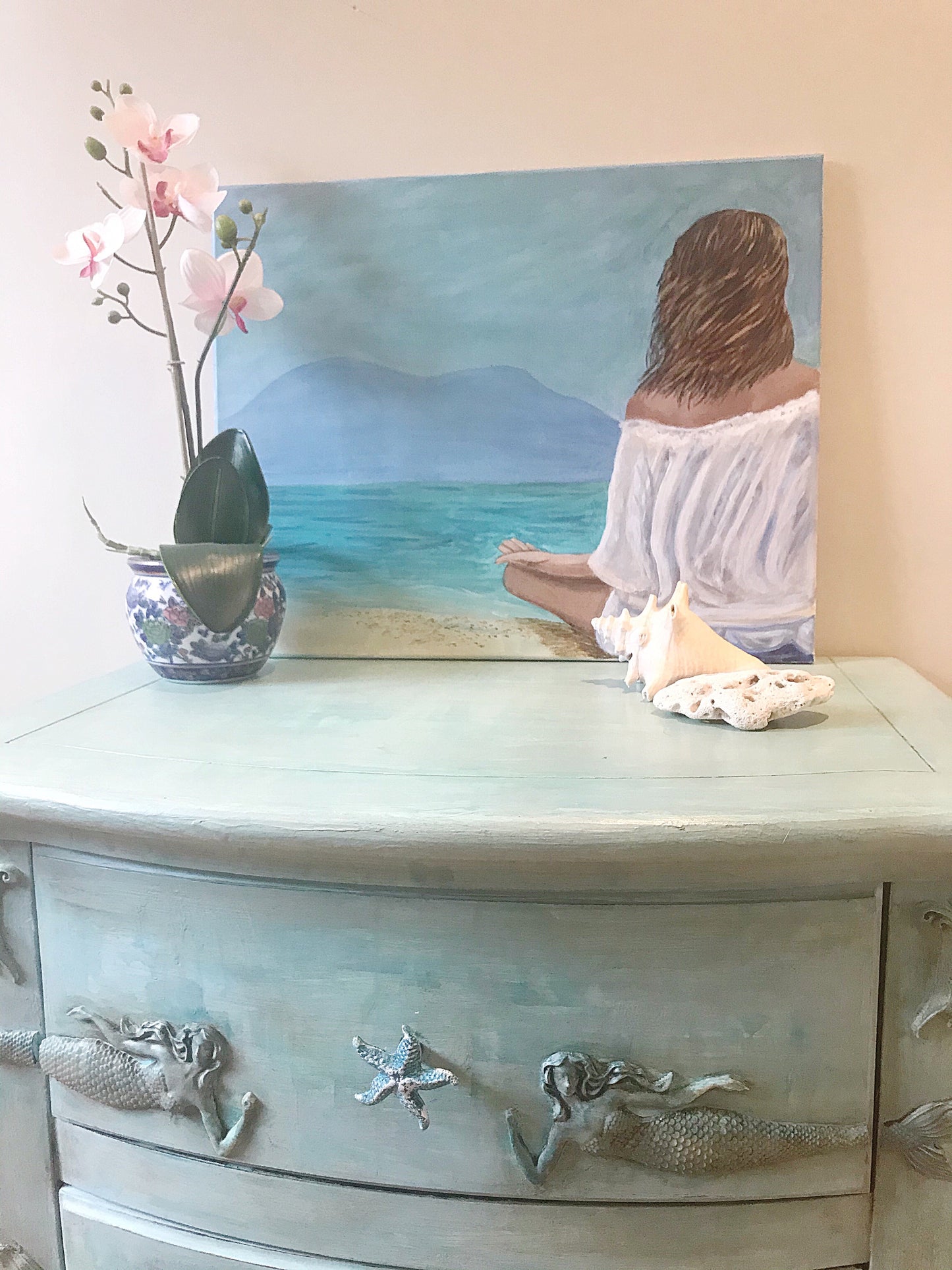 Whimsical Mermaid Side Table - Blue - Boho chic - furniture - hand painted - seaside - art