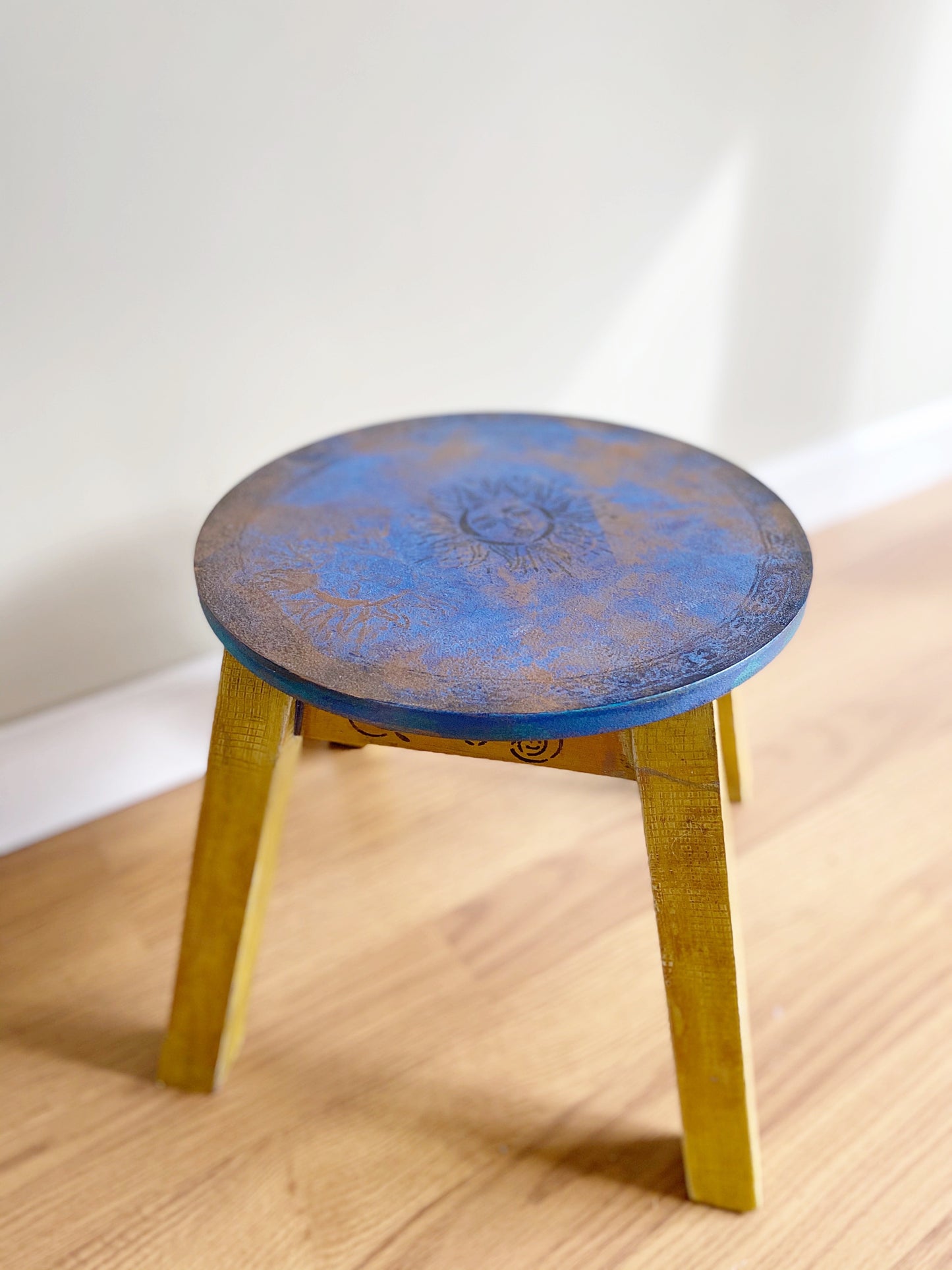 Blue Sun Stool or Plant Stand - hand painted - blue - bohemian - furniture art - blue - folk art- hand painted - shabby chic