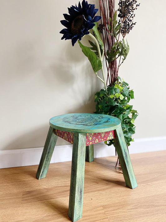 Stool or Plant Stand - hand painted - green - bohemian - furniture art - blue - flower - hand painted - shabby chic