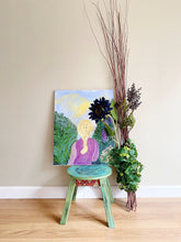 Load image into Gallery viewer, Stool or Plant Stand - hand painted - green - bohemian - furniture art - blue - flower - hand painted - shabby chic