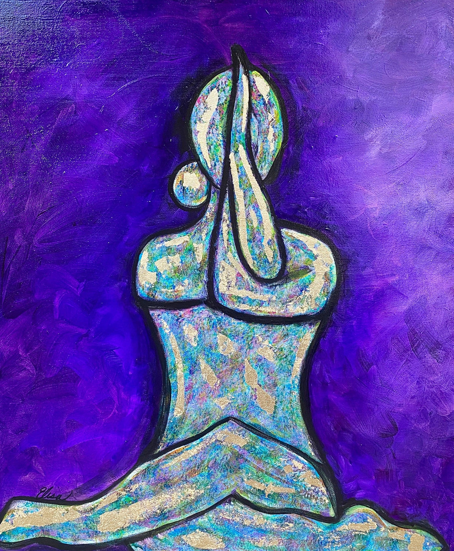 yoga pose woman form in cow face pose purple gold