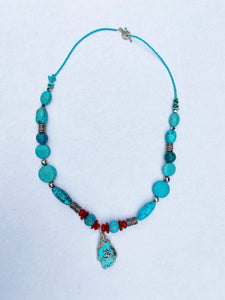 Turquoise Om Wire Wrapped Red Lotus Necklace