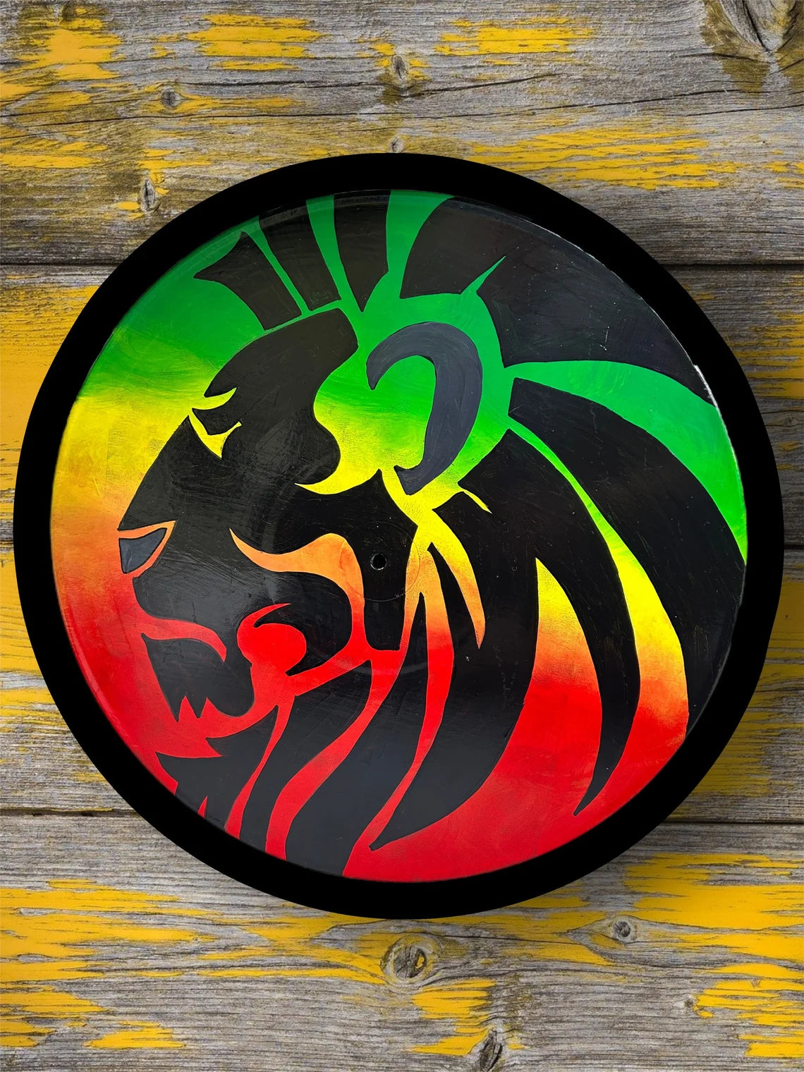 Rastafai Lion - Upcycled Vintage Vinyl Modern art-music-reggae-green-yellow-record