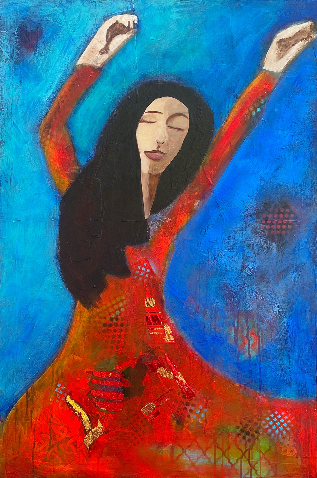 woman painting blue and red dress artwork