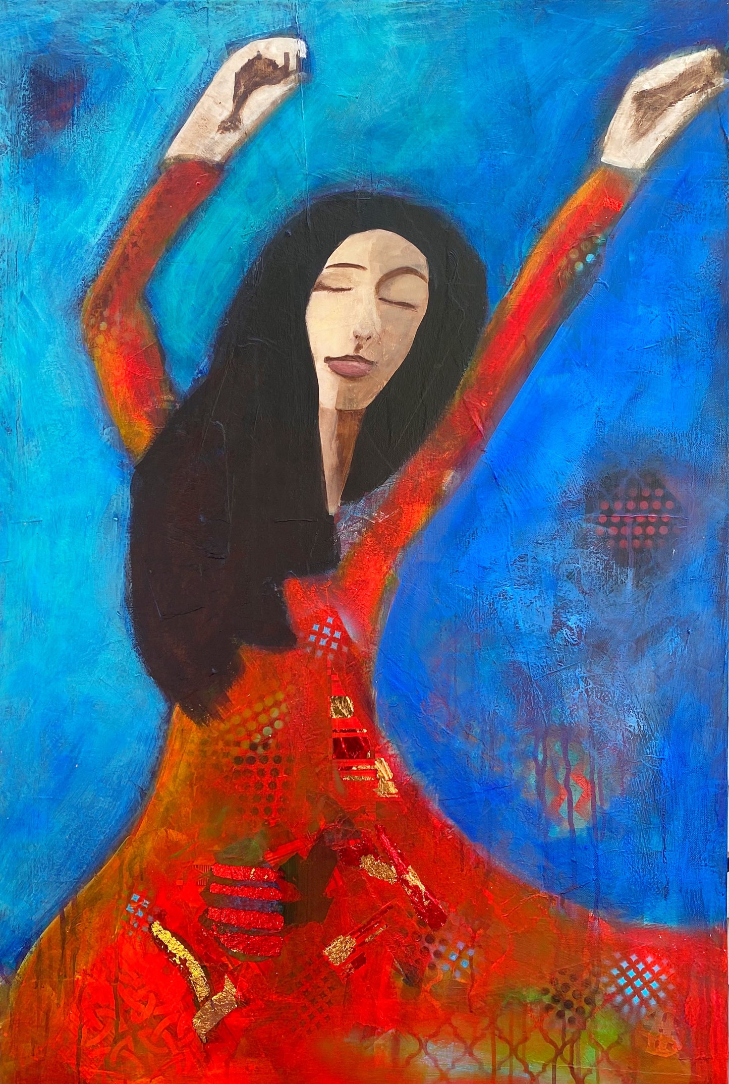 dancing lady in a red dress with a blue background