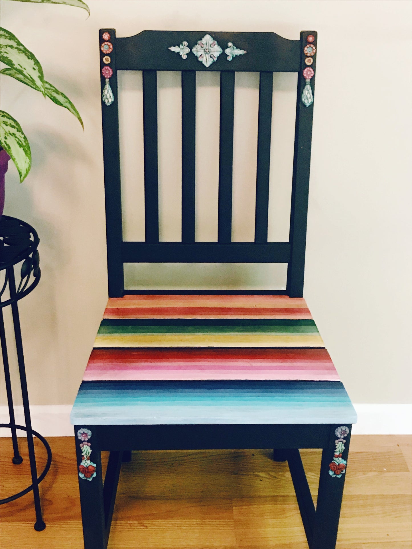 Mexican Serape Accent Chair - hand painted - floral - bohemian - furniture art - pink - blue