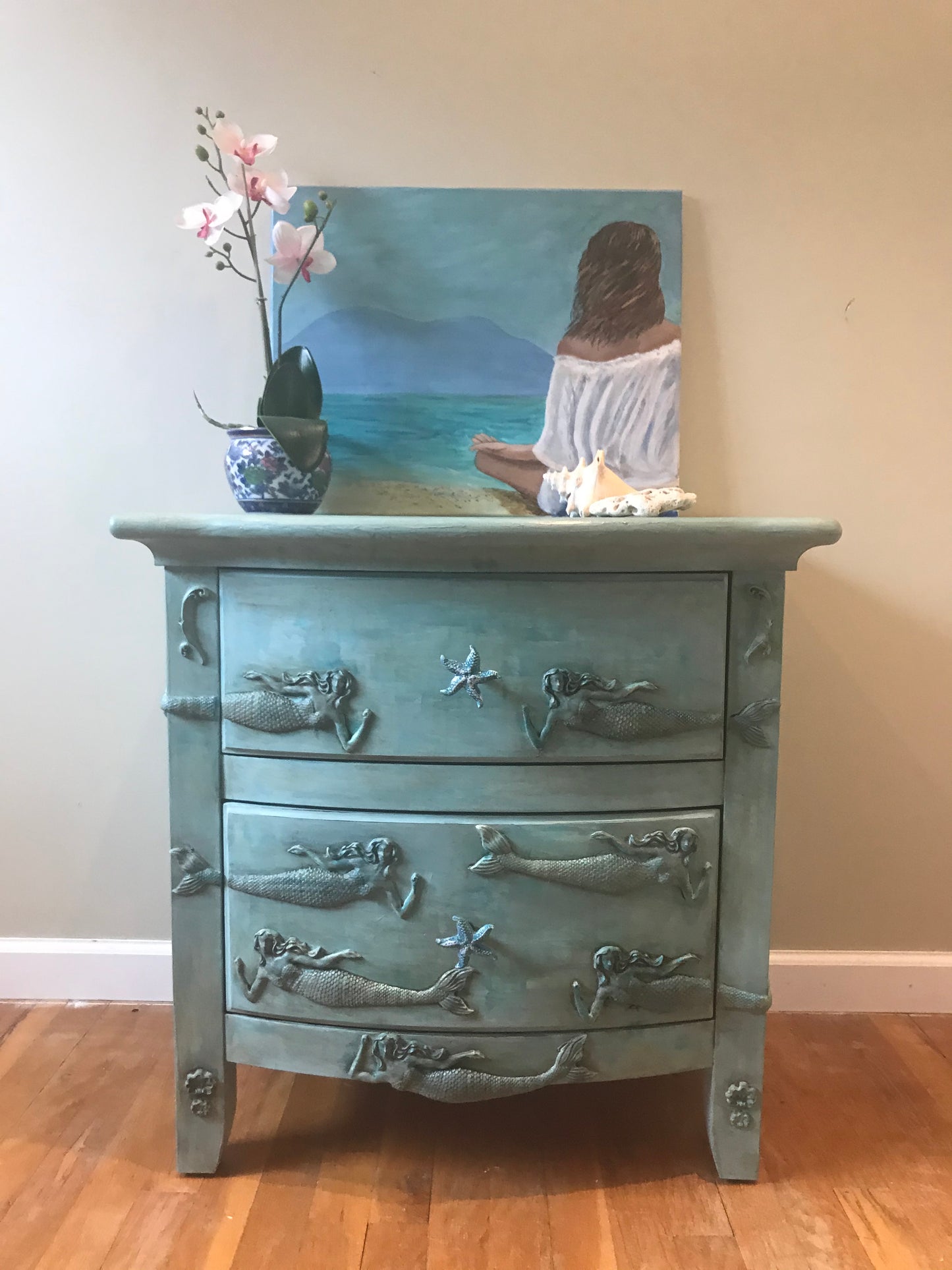 Whimsical Mermaid Side Table - Blue - Boho chic - furniture - hand painted - seaside - art