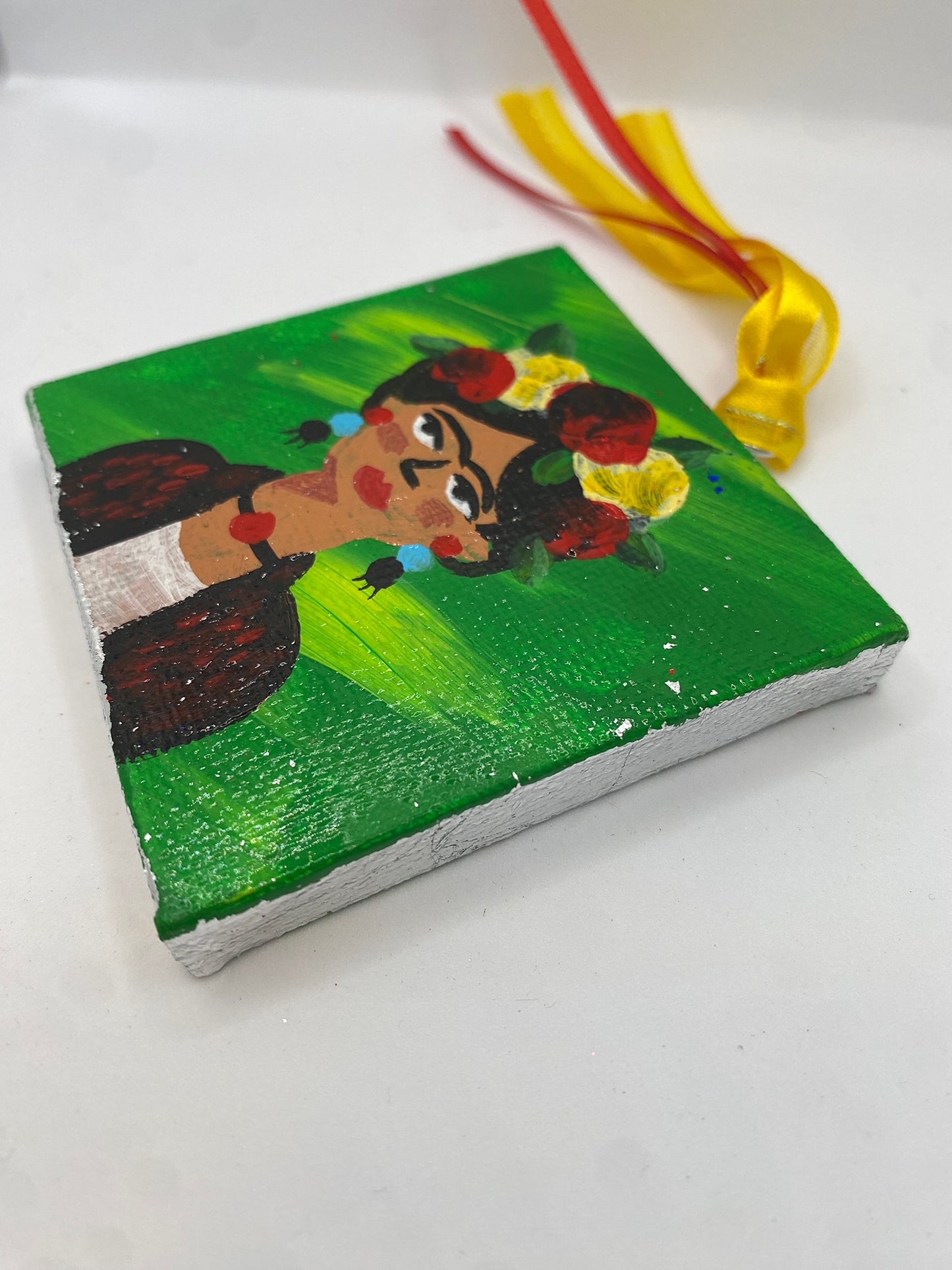 Frida Kahlo Green 2X2 inch canvas ornament