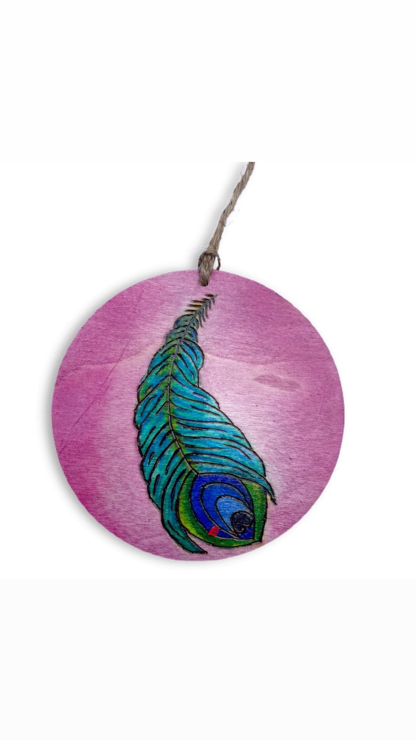 Peacock feather ornament blue green teal pink