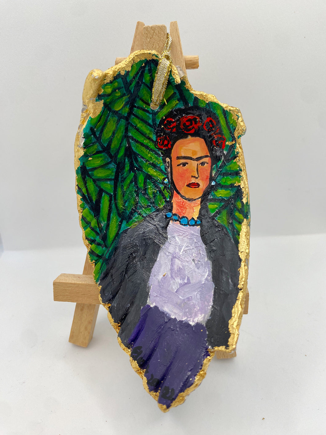 Hand Painted on Found Shell Frida on the Green Ornament