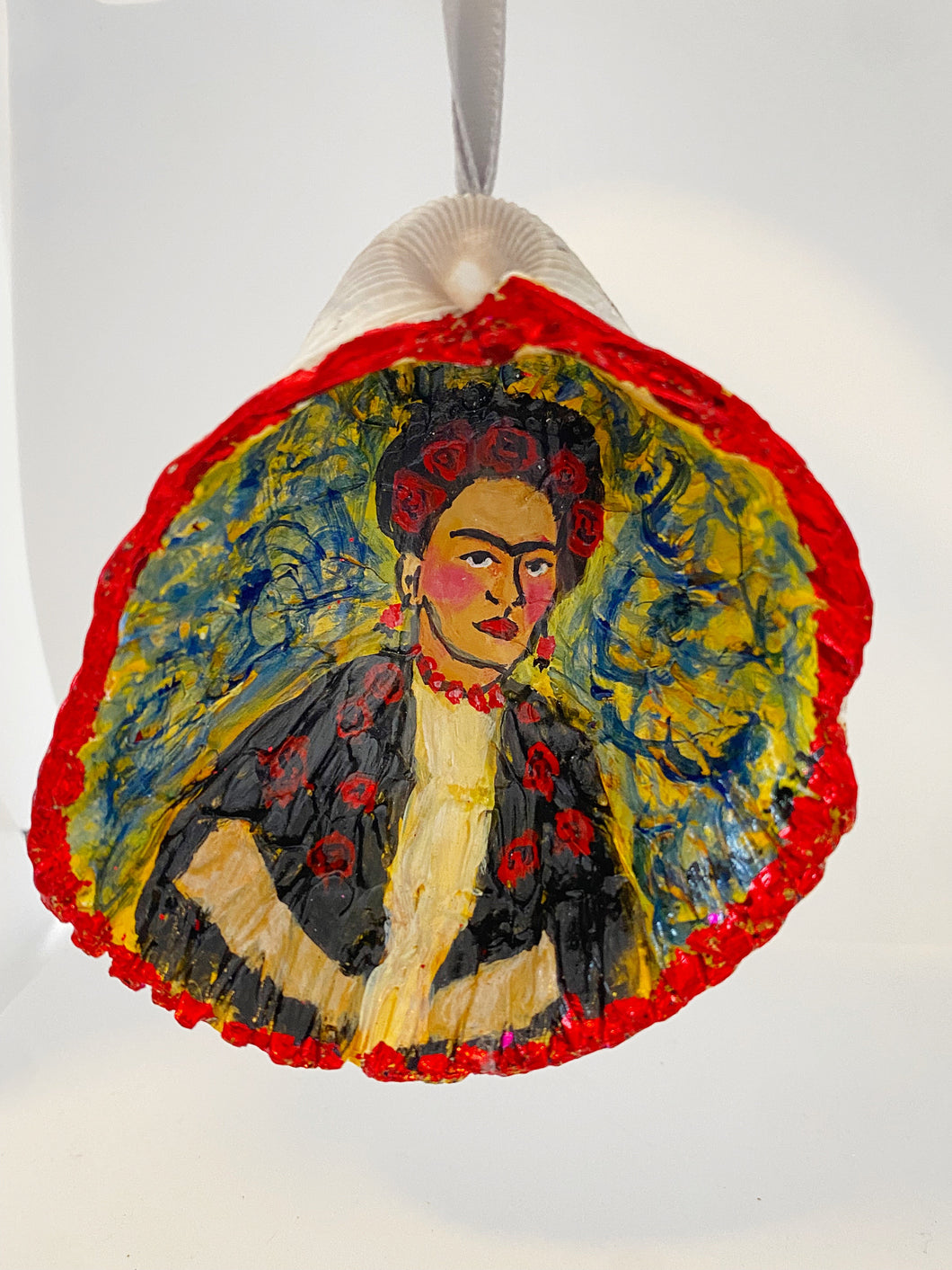Hand Painted on Found Shell Frida Van Gogh Style  Ornament