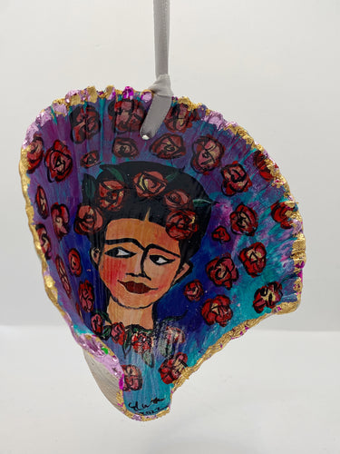 Hand Painted on Found Shell Inquisitive Frida Ornament