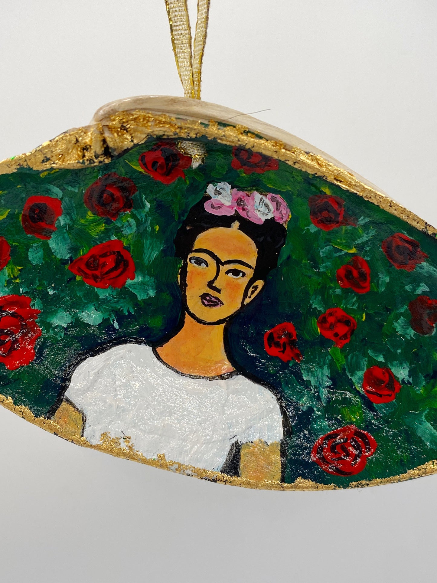 Hand Painted on Found Shell Frida Rose Garden Ornament