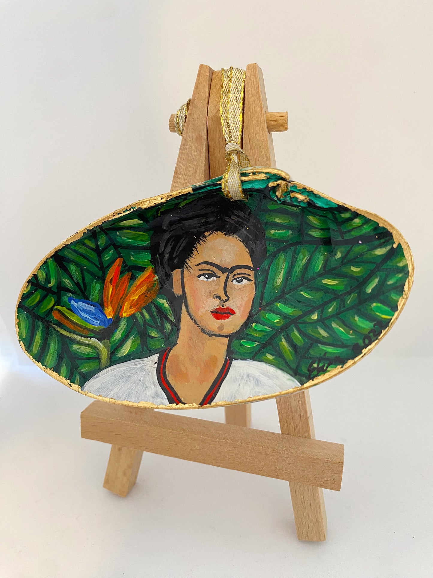 Hand Painted on Found Shell Frida and Flower Ornament